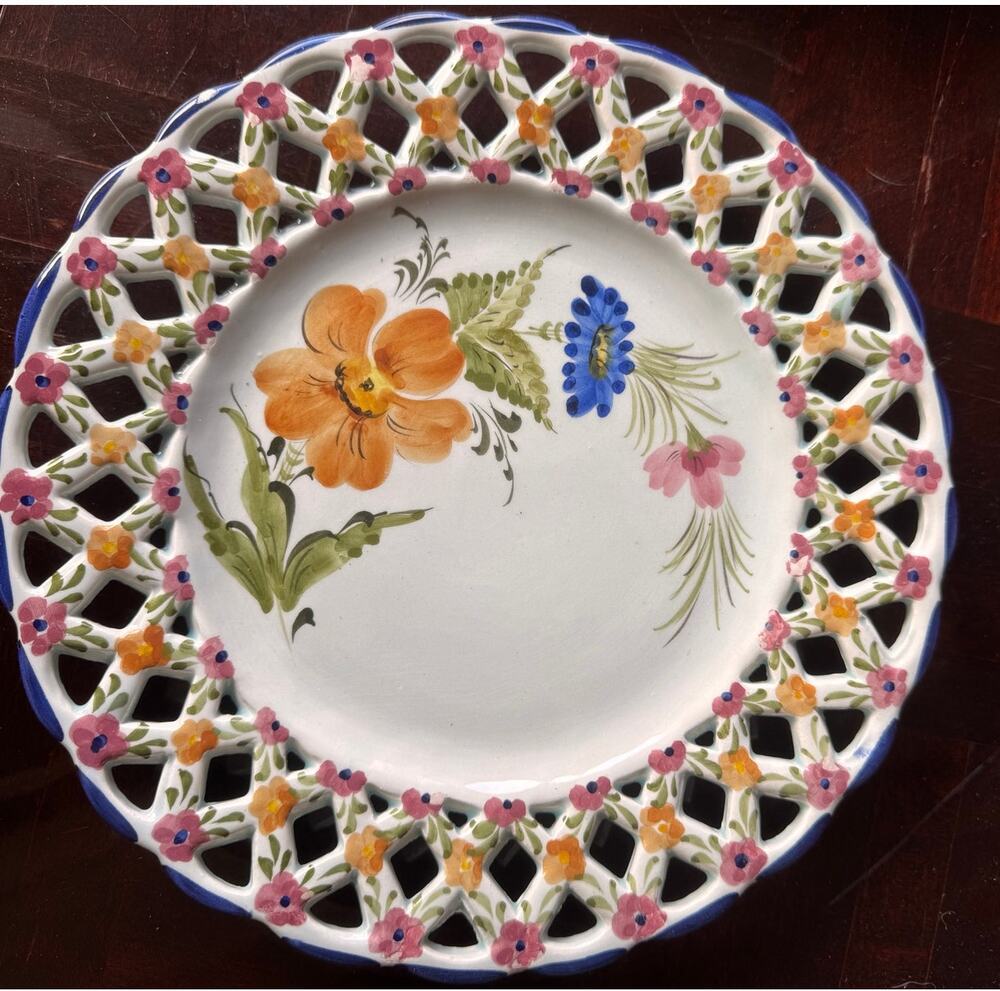 Vintage Martan Plate - Floral with Pierced Rim - Portugal - 9.5"